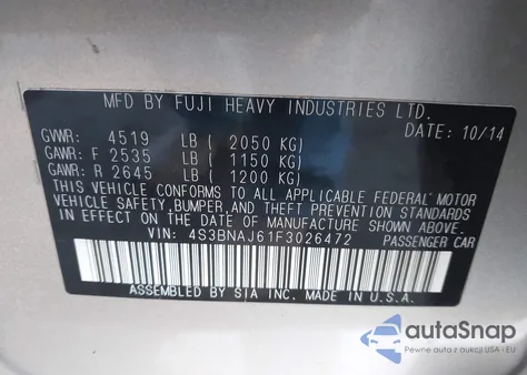 2015 Subaru Legacy 2.5I Limited from USA, damaged, VIN 4S3BNAJ61F3026472